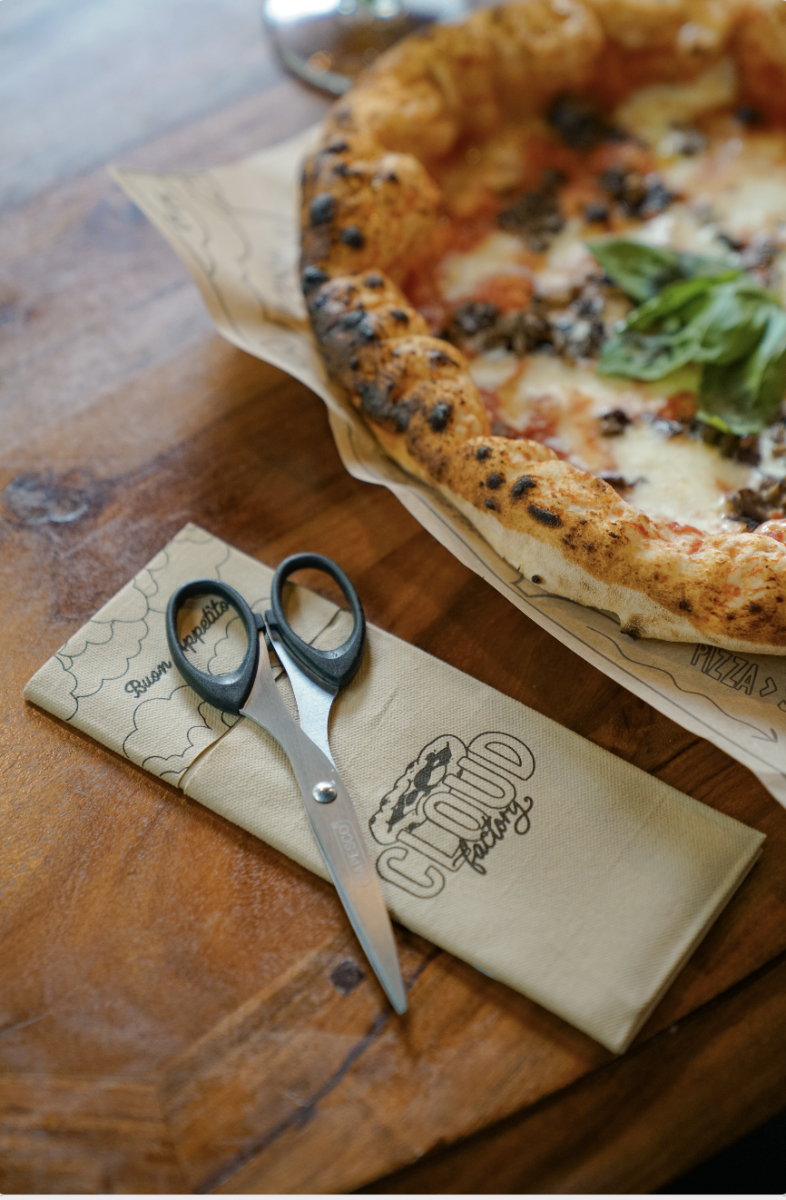 Cloud Factory pizza and branded scissors at Esch-sur-Alzette