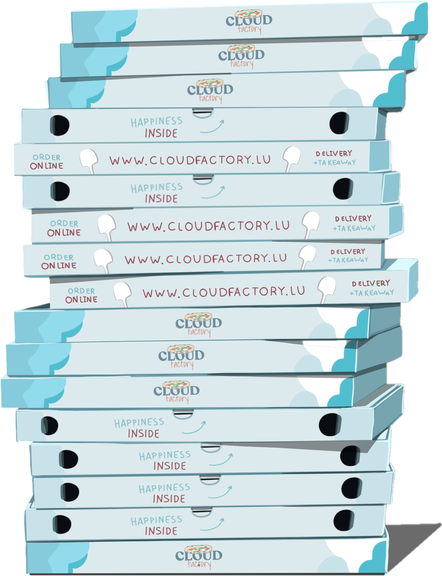 A stack of Cloud Factory pizza boxes
