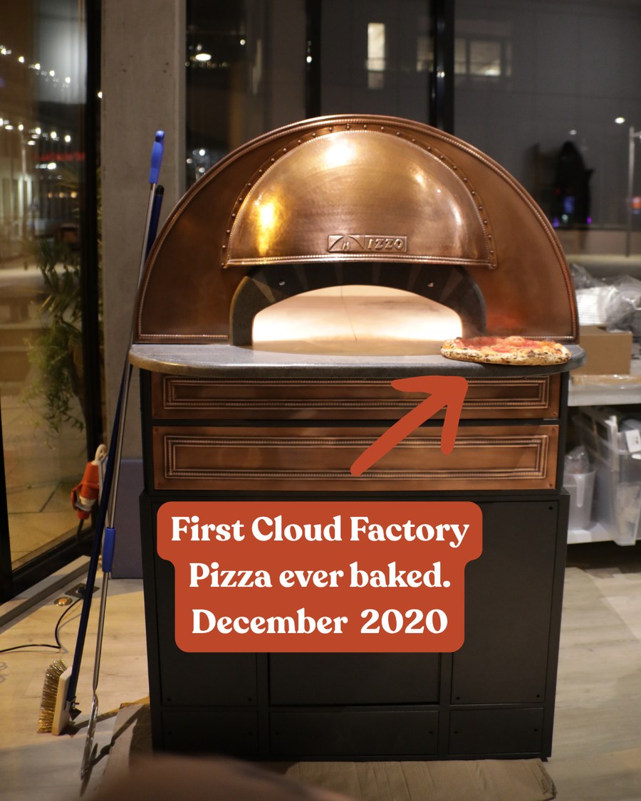 The first Cloud Factory pizza ever baked, December 2020